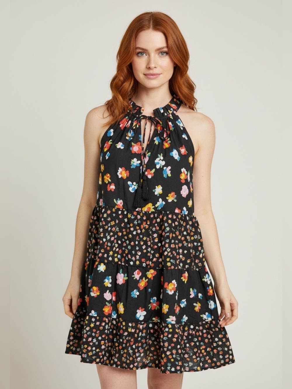 Mud Pie 100% Cotton Boho Ruffle Black Halter Dress Multicolor Floral Dots Small